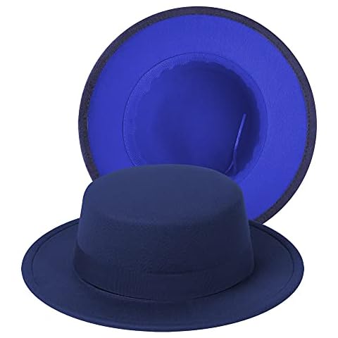 jingsha Two Tone Felt Fedora Hats Wide Brim Fedoras Flat Brim Fedora Hats with Band for Women and Men, Navy-blue|navy Band, M Cover