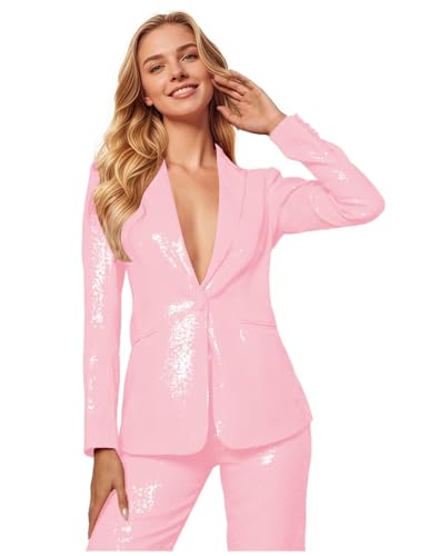 2 Piece Sequin Women Suit Glitter Wedding Set for Women Fashion Sparkly Tuxedo Prom Blazer Sets Pink L