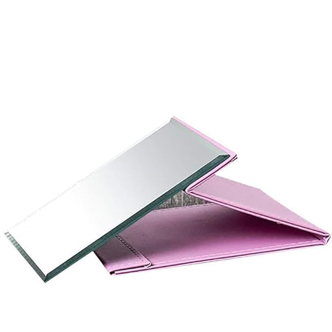 Image of Folding Portable Makeup Mirror with Adjustable Stand | HD Frameless Beveled Design | Travel-Friendly PU Leather Vanity Mirror for Desk, Dresser & Bathroom,Rectangular (Pink Square Edge Mirror)