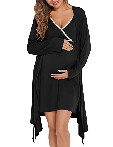 Image of SWOMOG Womens Maternity Robe 2 Piece Nursing Nightgown for Breastfeeding 3 in 1 Labor Delivery Nursing Dress Lace Bathrobe
