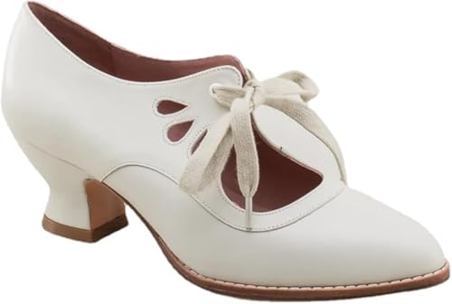 Women's Mary Jane Pumps Vintage Chunky Heel Lace Up High Heel Ladies Hollow Pointed Toe Dress Shoes for Daily