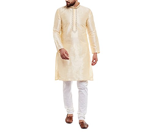 Kurta Sojanya de seda dorada para lucir impecable en bodas y festivales