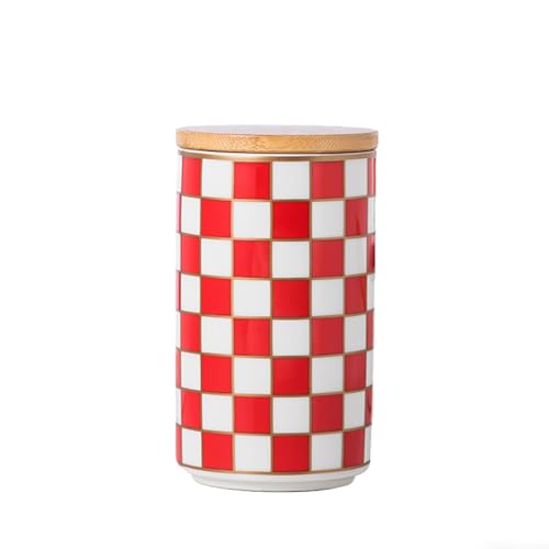 XYQXYQ Checkered Airtight Ceramic Canister with Bamboo Lid for Food Storage