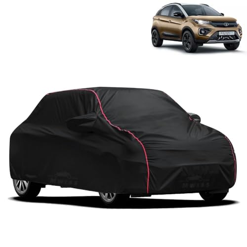 Image of Waterproof Car Cover for Tata Nexon EV | All-Weather Protection, Dustproof & UV Resistant | Triple Stitched Mirror Pockets, Windproof Buckle Strap with Elastic Hem, Black-Red Piping