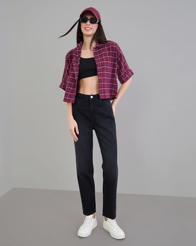 Image of Chimpaaanzee Women Checks Half Sleeve Crop Shirt