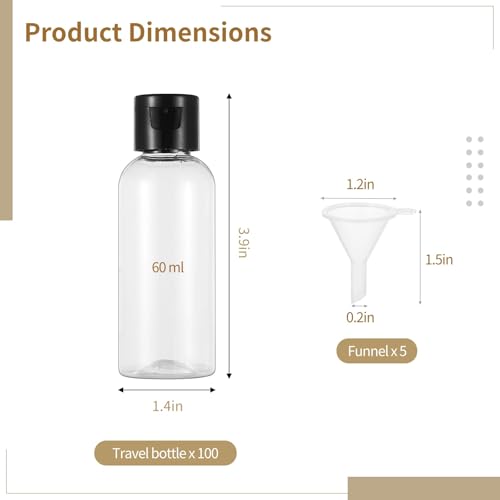 100 Pack 2 oz Plastic Empty Travel Bottles with Flip Cap 60ml Travel Size Containers Portable Leak Proof Clear Plastic Bottles Refillable Dispensing Bottles for Liquid Shampoo Lotion Black4