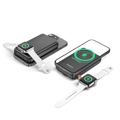 Magnetic Power Bank for iPhone & Apple Watch 4 in 1 10000mAh Magnetic Portable Charger Wireless Charging iPhone 16/15/14/13/12 Series and iWatch, 20W PD Fast Charging via USB C