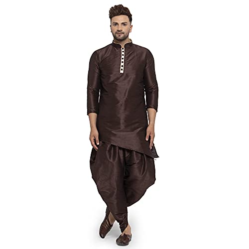 Image of Men's Silk Balloon Salwar Dhoti Pant Set (Brown Slant Slit K But Brown Sal Dh36 Brown 36)