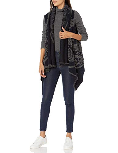 M Made in Italy Women's Open Front Embroidered Vest with Shawl Collar, Navy, Extra Large