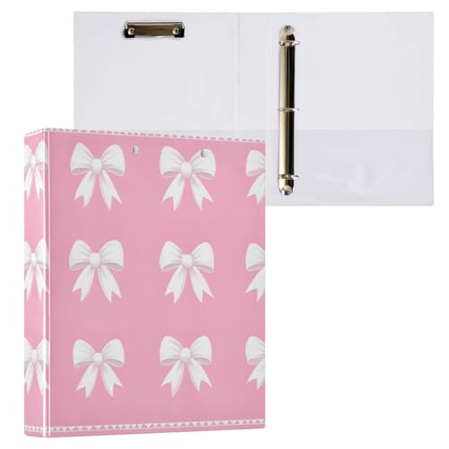 Image of White Bows Pink 3 Ring Binder with 2 Interior Pockets 1.5 inch Binders 3 Ring Heavy Duty Fit 8.5 inch x 11 inch Letter for Office School, 2 Pack
