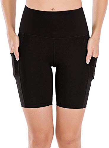Short de compressão de cintura alta para ioga, corrida, motociclista, treino, 3 bolsos, Preto, L