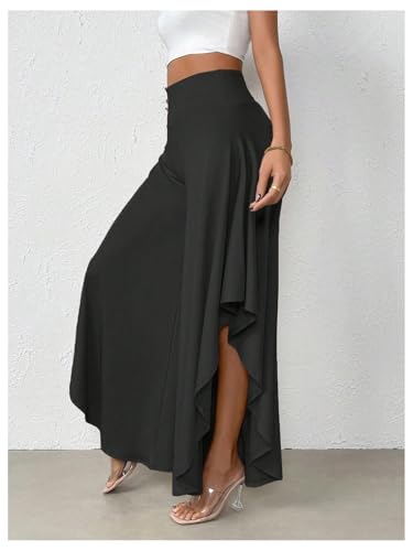 Floerns Women's High Waist Ruffle Asymmetrical Hem Wide Leg Flowy Long Trousers2