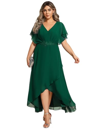 Image of Ever-Pretty Plus Women's V Neck Applique Plus Size Wedding Guest Dress Applique Short Sleeves Maxi Foraml Dresses