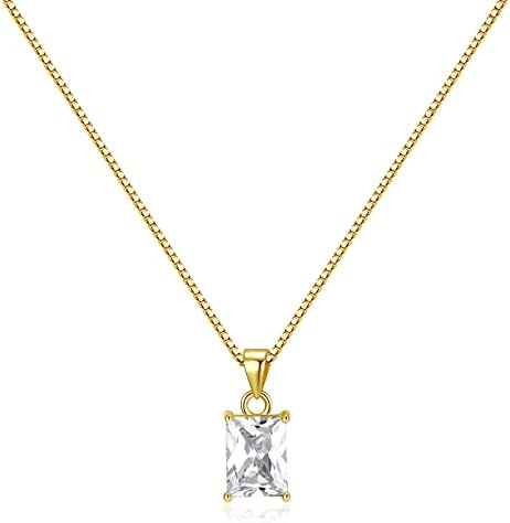 espere Clear Baguette CZ Pendant Necklace | 14K Gold Plated Sterling Silver | Emerald Baguette Pendant Dainty Box Chain Necklace 18''