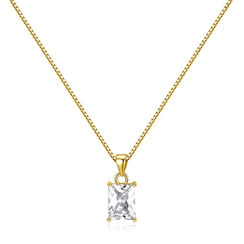 Espere Clear Baguette Cz Pendant Necklace | 14K Gold Plated Sterling Silver | Emerald Baguette Pendant Dainty Box Chain Necklace 18'' #TOP29