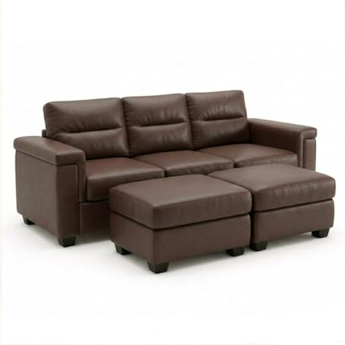 Image of FURNY Parker 3 Seater Sofa Set with 2 Ottoman | Premium Leatherette Finish | Durable Comfort Sofa for Modern Living Room & Office Spaces