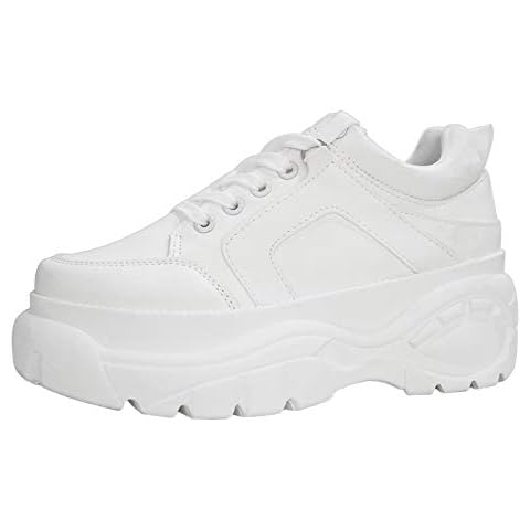 LUCKY-STEP Womens Chunky Sneakers - Athletic Sports Walking Shoes with Lace Up Platform Leather Trainers - Sports Wear white Size: 5 UK Cover