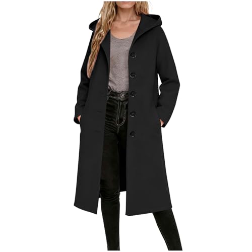 Image of Plus Size Winter Coats for Women Trench Coat Women with Hood - Single Breasted Notched Lapel Collar Pea Coats for Womens Pockets Fall Winter Jackets Winter Clothing for Women