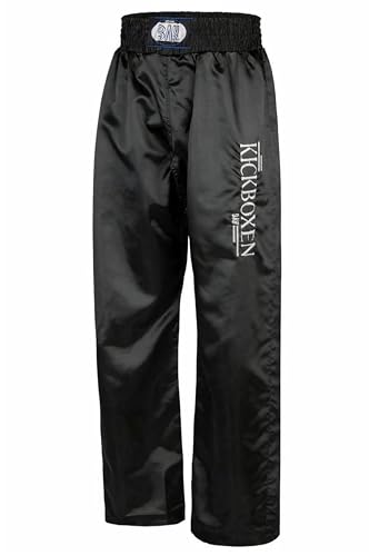 BAY® EDEL STICK Kickboxhose, Gr. 100, komplett schwarz, gestickter Schriftzug KICKBOXEN, Thaiboxhose lang, Hose Kick-Boxen Thaiboxen Muay Thai, Satinhose, Kinder Kids Jugendliche Erwachsene Damen Herren, Größe 110 - 200, 5XS, 4XS, 3XS, XXS, XS, S, M, L, XL, XXL (100)