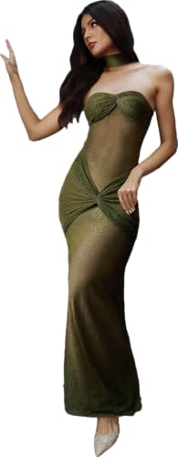 Image of LOUSEA Women's Bodycon mesh Sheer drerss Strapless Maxi Dress with Neckerchief Twisted sweetneck Cocktail Dress Party Dress