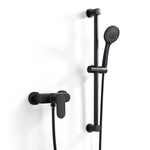 Rehomthy Mitigeur Monocommande Douche Noir, Robinet Mitigeur de Douche Mural avec Barre de Douche RéGlable 635mm, Douchette à Main, Flexible 150mm