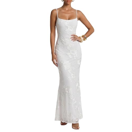 Curvphilo Women's 3D Embroidery Satin Floral Mesh Bodycon Maxi Dress White - image 1