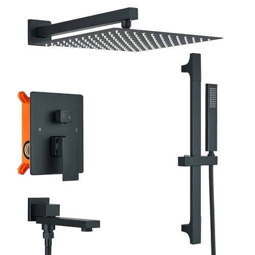 バスルーム用シャワーセット ブラック 隠しシャワー蛇口 レインフォールシャワー スライドバー付き 回転式ボトムスパウト 埋め込みミキサー バスタブシャワー バスルーム用 3ウェイ 40cmh、3ウェイ 25cm
