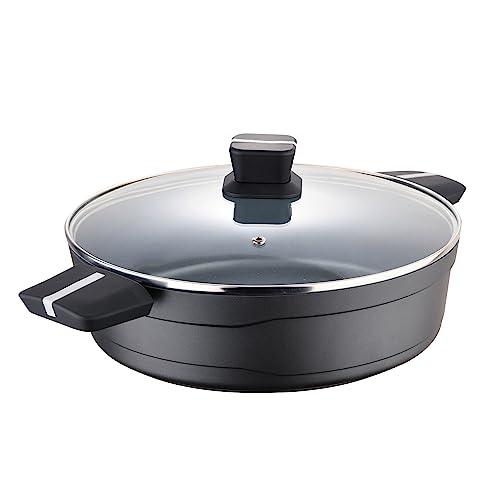 San Ignacio Bistro Grey - Olla Baja de 28cm - Fabricada en Aluminio Fundido - Interior En Acero Quantanium - Exterior En Negro Mate- Punto Inducción - Mango Soft Touch Negro