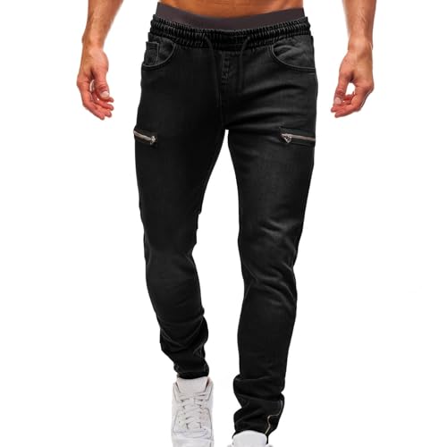 Men's Denim Jogger Pants Slim Fit Zipper Pockets Jeans Drawstring Elastic Waist Hipster Cargo Jeans