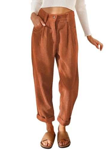 QACOHU Womens Corduroy Retro Pants 2024 2024 Casual Elastic High Waisted Loose Elastic Waist Trouser with Pockets