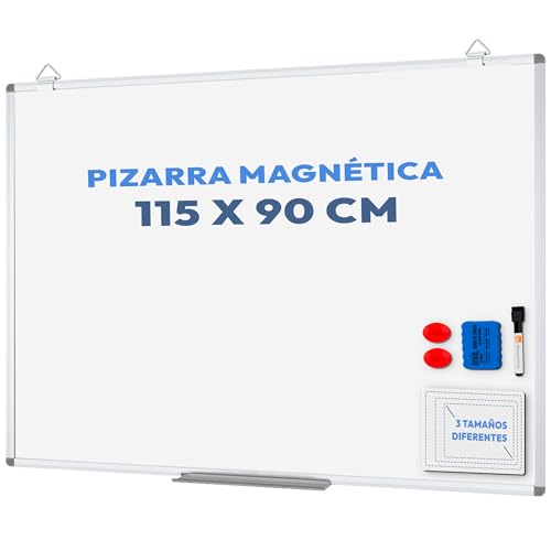 Pizarra Blanca Magnética de Pared 115x90 cm | Marco de Aluminio, Bandeja, 1 Rotulador, 2 Imanes y Borrador | Pizarra Magnética Infantil, Cocina, Oficina y Escuela - Whiteboard