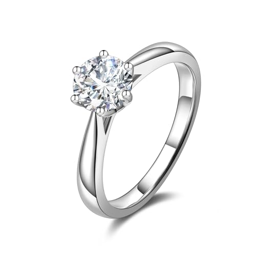 14K Solid White Gold 1ct Moissanite Engagement Ring for Women,6.5mm Main Stone,D Color VVS1 Round Brilliant 6 Prongs Moissanite Wedding Promise Proposal Ring for Wife Anniversary Bridal Gift,All Size2