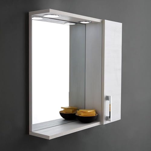 Generico IDEAL CASALINGHI - Specchio con pensile per bagno rovere bianco 1 anta, 2 faretti a LED, 58x57x15,5 cm