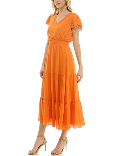 Image of Nanette Nanette Lepore Women's Tiered Pull on Fully Lined Dress with Smock Waist and Pleated Flutter Sleeve