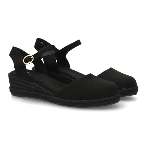 100284 Sandalia Alpargata de mujer con cuna de esparto y puntera cerrada, talon abierto con cierre de hebilla. Cuna baja con plataforma ligera ideal para uso diario en primavera verano Negro Talla 39