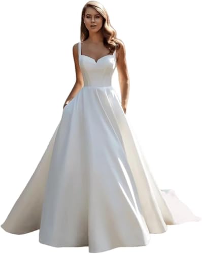 Spaghetti Straps Satin Wedding Dresses for Bride V Neck Simple Wedding Gowns A-Line Bridal Dresses for Women White 16