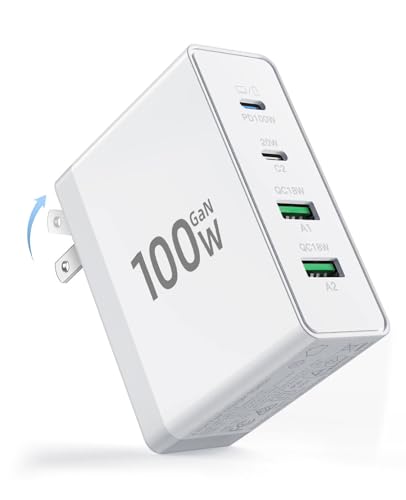 USB C Charger Block, 100W Fast GaN 4-Port USB Wall Charger, Foldable Plug Laptop Adapter for MacBook Pro/Air, Dell XPS,iPad Pro,iPhone,Galaxy S24/S23, Note 20/10+ (White)