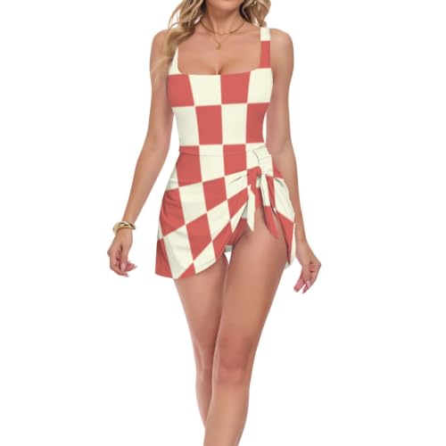 Maillot de bain push-up femme une pièce à carreaux rouge beige