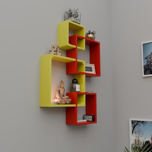 Image of ETIQUETTE ART Floating Cube Shelves - Intersecting Wall Mounted Shelves - Wall Decor Square Shelves for Bedrooms, Living Rooms & More - Set of 4 Box Shelves (Red & Yellow)