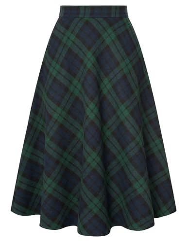 Belle Poque Women Green Tartan Midi Skirt with Pockets Flared Business Casual Christmas Party Wear Green Blue Plaid 2XL