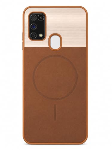 Image of Bintage Mac Safe Design Hard Slim Back Case | Soft Border Camera Protect | Dual PU Leather Finish Back Cover Compatible for Samsung Galaxy M31 4G - White & Cherry Brown