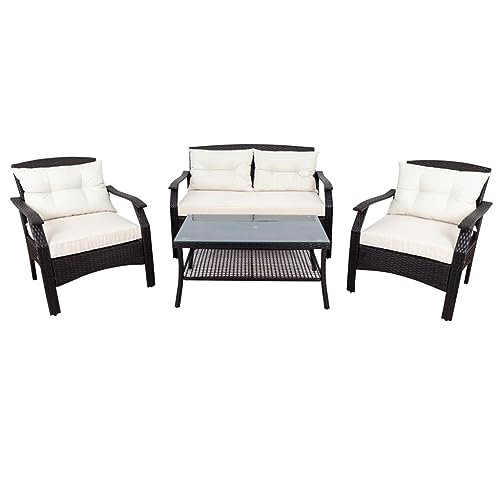 Juego de sofá de ratán de 4 piezas con asiento acolchado, para terraza al aire libre, jardín, sofá de ratán