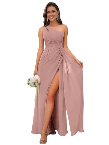 Image of OFEECHUN Women's Chiffon One Shoulder Bridesmaid Dresses Long Pleated Formal Evening Gowns with Slit