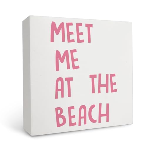 OFlich Coastal Beach Wooden Box Sign - Pink Shelf Desk Decor Wooden Box, Summer Beach Decorations for Home Coastal, Pink Shelf Decor Aesthetic Wooden Box 5x5 Inches