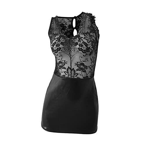 Generisch Chemisette en dentelle avec porte-aiguille, robe en PU mouillé élastique, séduisante, chemise moulante pour femme Lingerie, Noir , XL