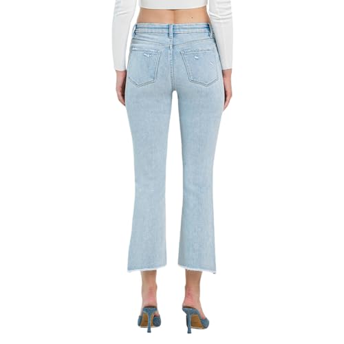 Flying Monkey High Rise Slant Raw Hem Crop Flare Jeans Light Blue2