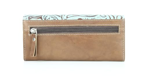 American Bison Women’s Wallet – Sky Blue Floral Flap with Logo Concho or Engraved Plate, Zip Divider & Organizer (Engraved Metal Plate)3