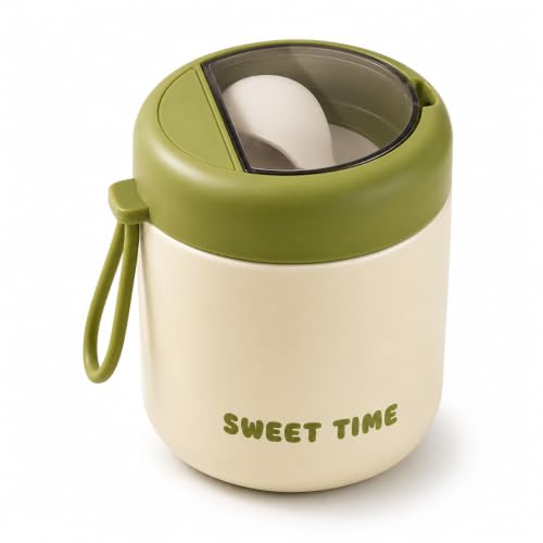 Image of Portable Food Container 430ml with Spoon | Silicone Sealed Lid & Pressure Release Vent | Compact Lunch Pot with Carry Loop for Snacks Meals Office School & Travel - White