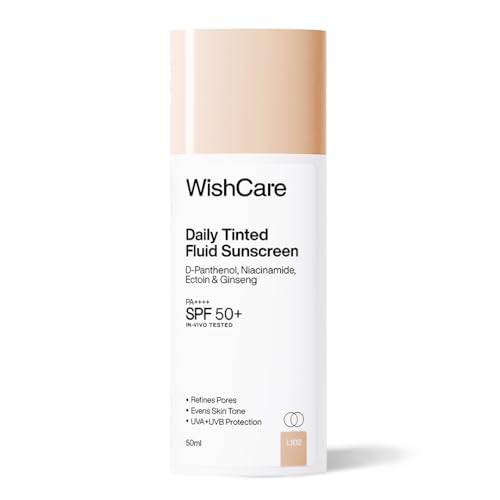 Image of WishCare Daily Fluid Tinted Sunscreen SPF50 PA++++| L102 | Broad Spectrum Protection for all skin types | In-Vivo Tested Tinted Sun Screen | D-Panthenol, Niacinamide, Ectoin & Ginseng | Evens & Protects | 50ml