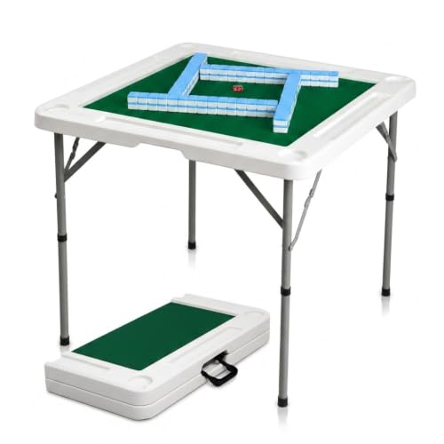 Image of Byliable 34.6 inch Folding Mahjong Table, Portable Game Table with Cup Holders | Foldable design, carry handle, 4 cup holders, 4 storage slots, HDPE tabletop, steel legs, quiet playing mat